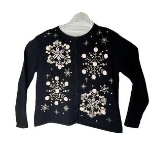 VTG Christmas Winter Sweater Black W Snowflakes Beaded Sequin Sz L Petite Warm L